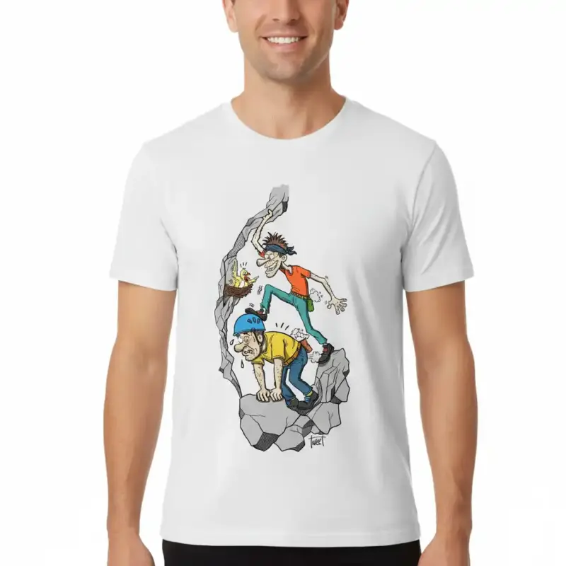 Einen Kletterer auf den Rücken nehmen, um eine Kletterroute zu beginnen.