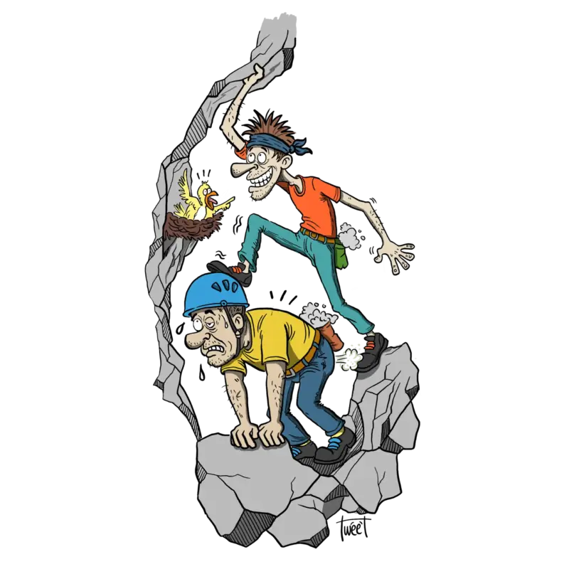 Einen Kletterer auf den Rücken nehmen, um eine Kletterroute zu beginnen.