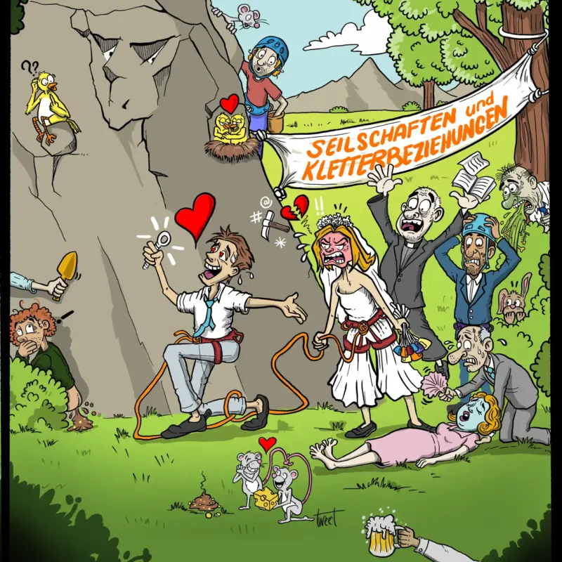 Das Cover von Klemmkeil 2025 zeigt Seilschaften und Kletterbeziehungen.