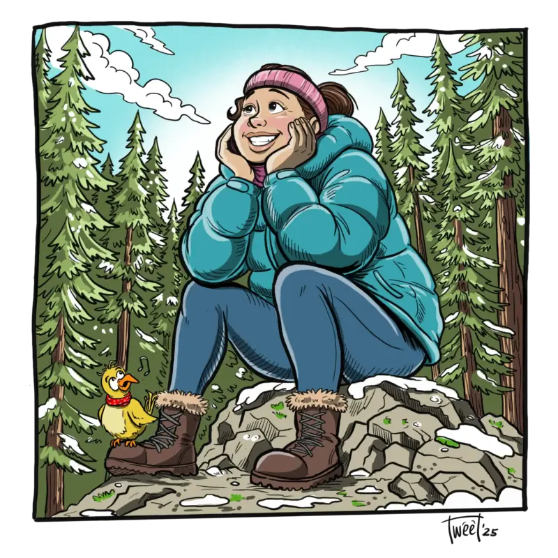 Ein Mädchen, das trotz des kalten Wetters die Natur genießt.