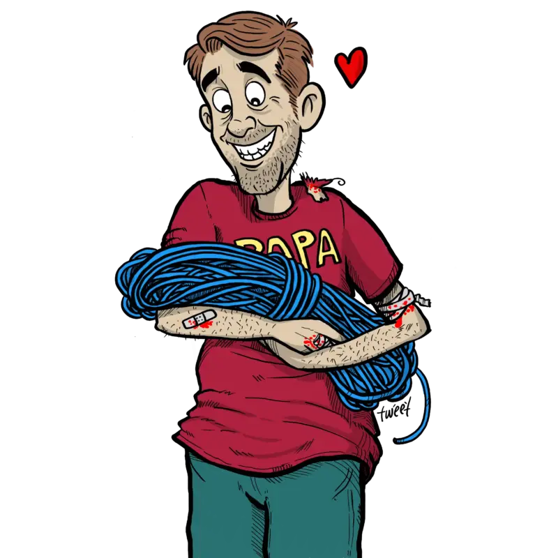 Papa liebt das Klettern so sehr, dass er schon als Baby ein Seil bekam.