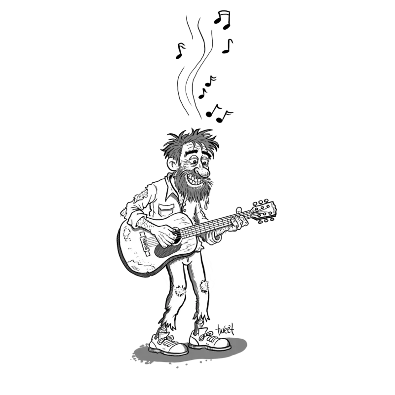 Ein ungepflegter männlicher Kletterer spielt Gitarre.