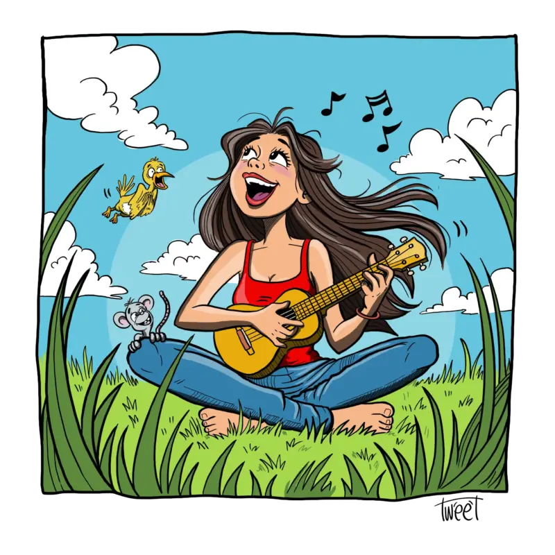 Ein Mädchen, das den Sommer und die Natur genießt, während es Ukulele spielt.